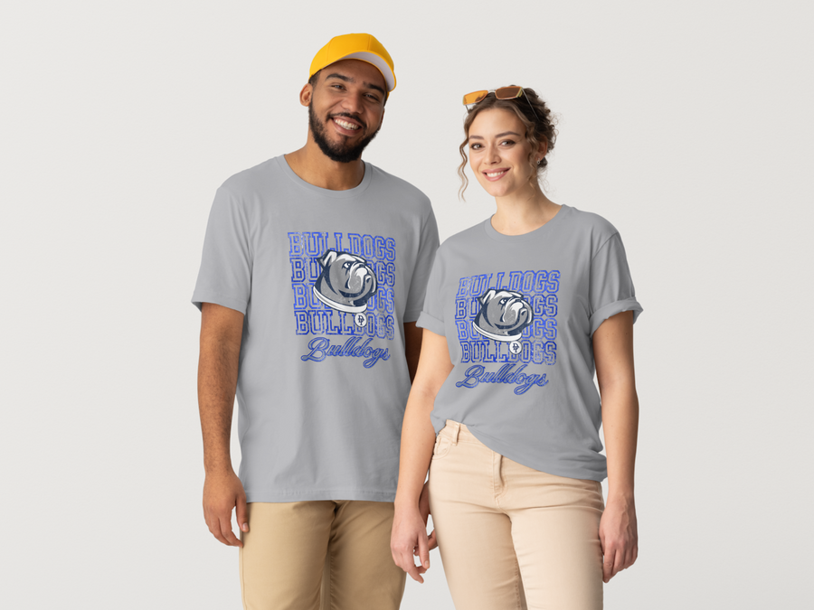 Bulldogs Stacked Tee — gray, men’s and women’s fits together