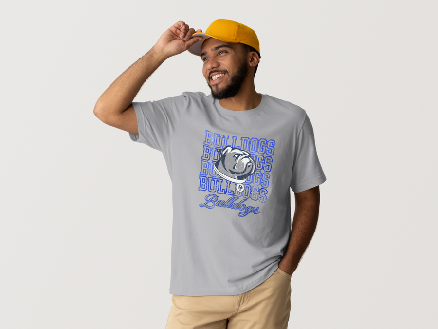 Bulldogs Stacked Tee — gray, men’s fit, on a model