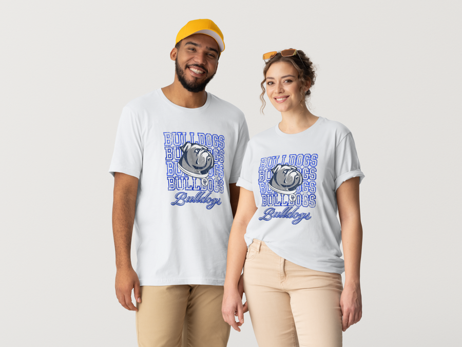 Bulldogs Stacked Tee — white, men’s and women’s fits together