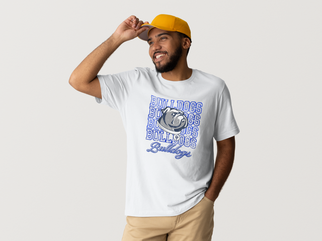 Bulldogs Stacked Tee — white, men’s fit, on a model