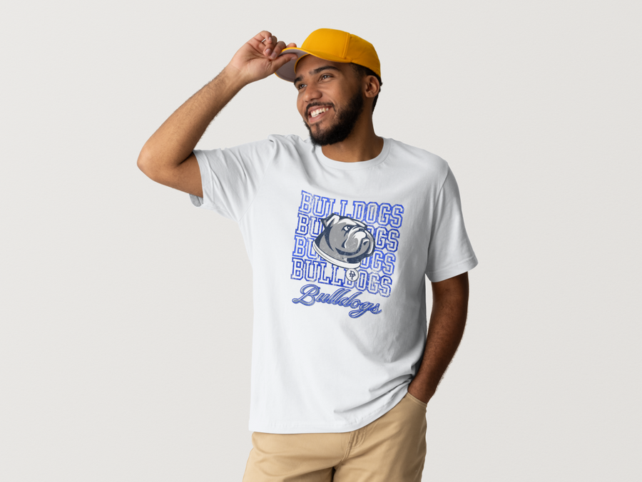 Bulldogs Stacked Tee — white, men’s fit, on a model
