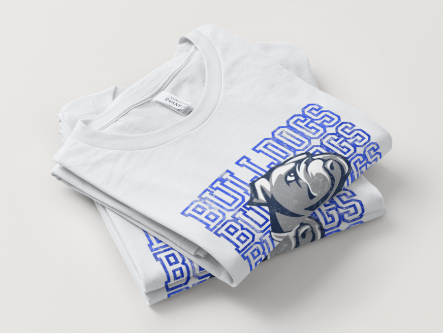 Bulldogs Stacked Tee — white, folded, print detail
