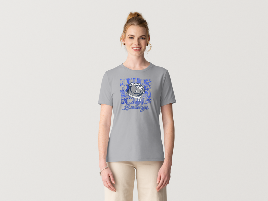 Bulldogs Stacked Tee — gray, women’s fit, on a model