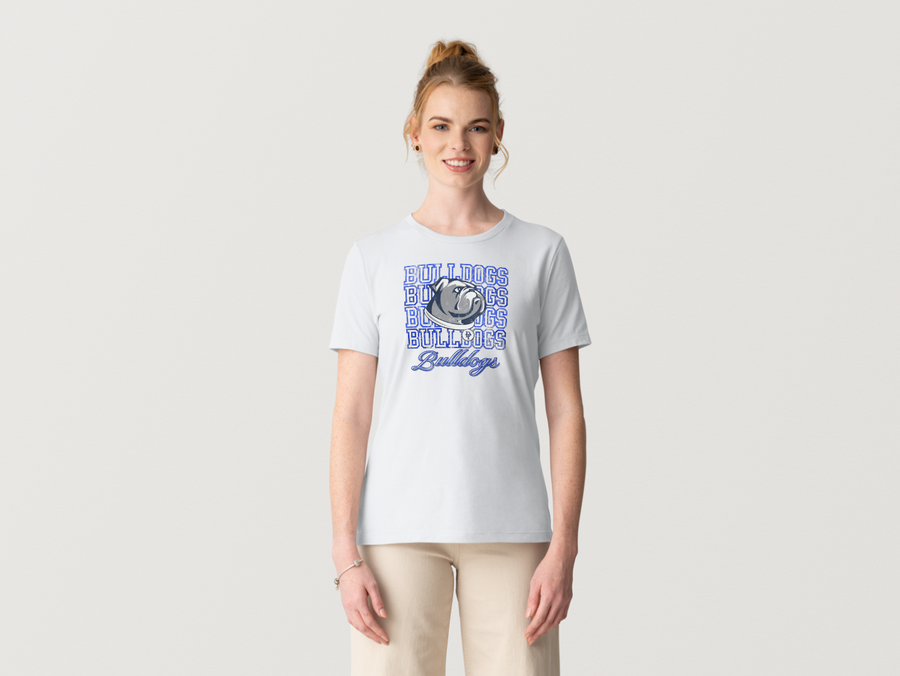 Bulldogs Stacked Tee — white, women’s fit, on a model