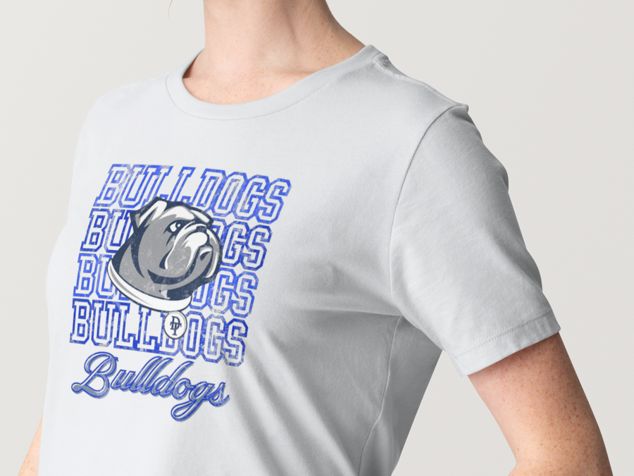 Bulldogs Stacked Tee — white, print close-up