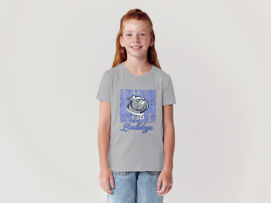 Bulldogs Stacked Tee — gray, youth fit, on a model