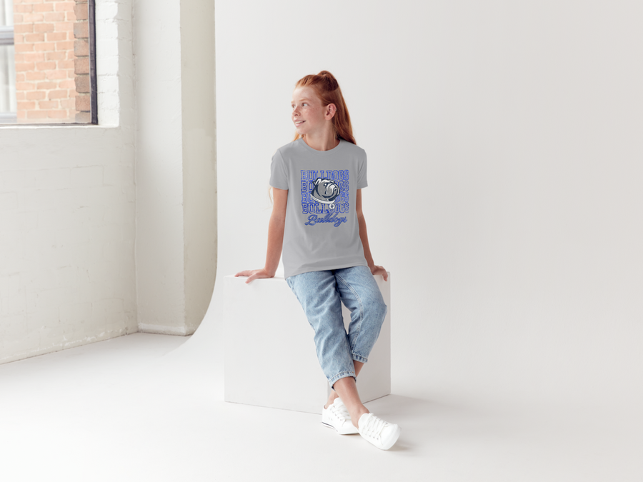 Bulldogs Stacked Tee — gray, youth fit, sitting