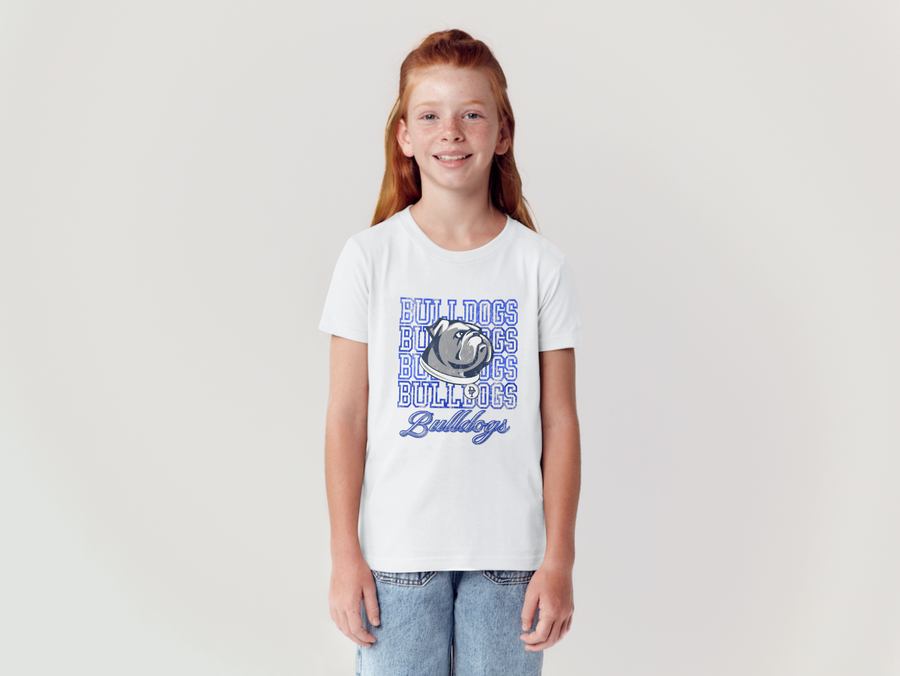 Bulldogs Stacked Tee — white, youth fit, on a model