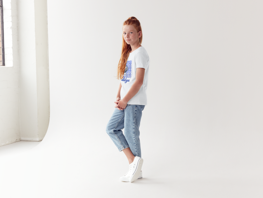 Bulldogs Stacked Tee — white, youth fit, side view