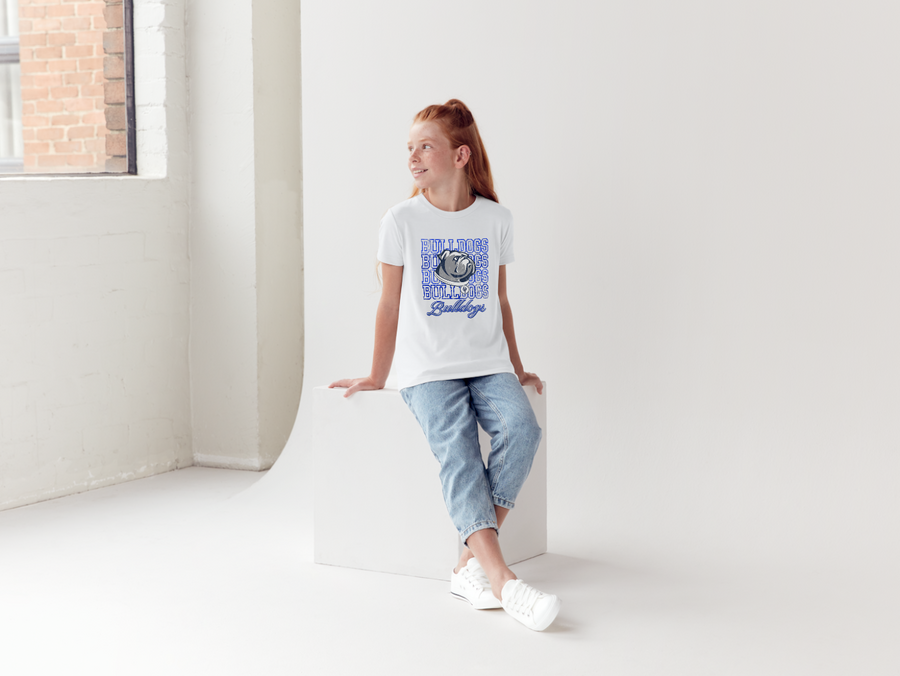 Bulldogs Stacked Tee — white, youth fit, sitting